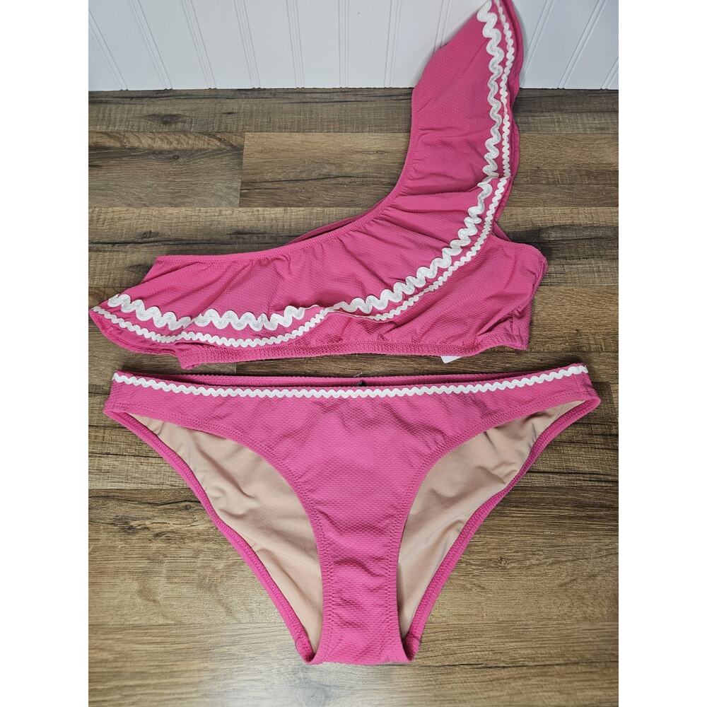 J. Crew Pink Ruffled One Shoulder One‎ Bikini Set Size S/M Lace NWT